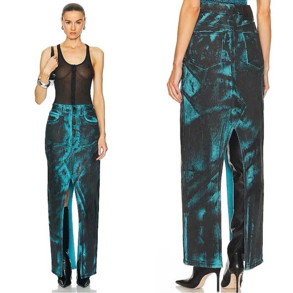 NEW RTA Blue Black Ocean Night Slit Denim Maxi Skirt Size 29